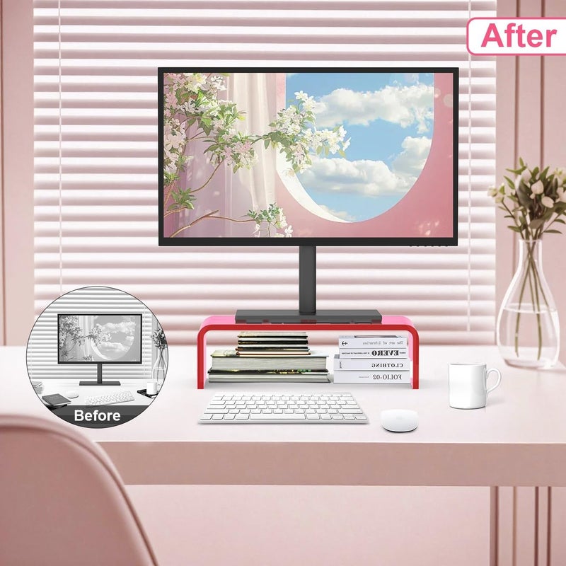 Beimu Acrylic Monitor Stand Riser Acrylic Laptop Stand for Desk Clear Computer Monitor Stand for Desk Accessories iMac Organizer Office Must-Haves Product for Working from Home Bright Pink - Image 5